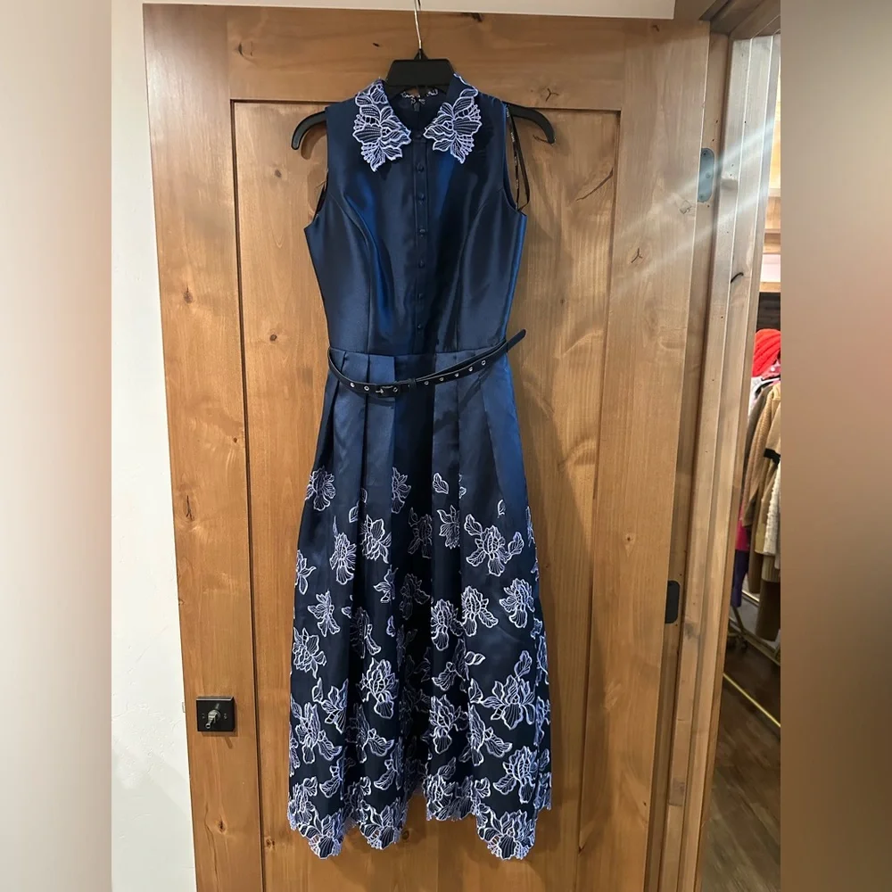Theia Merisel Navy and White Floral-Embroidered Midi Dress - Picture 2 of 6